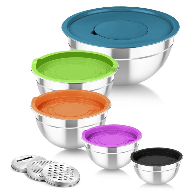 TeamFar Mixing Bowls with Lids 5PCS Stainless Steel Metal Salad Bowl with 3 Grater Attachments for Cooking Prepping Serving Healthy Airtight Lids Easy Clean 071 152646QT