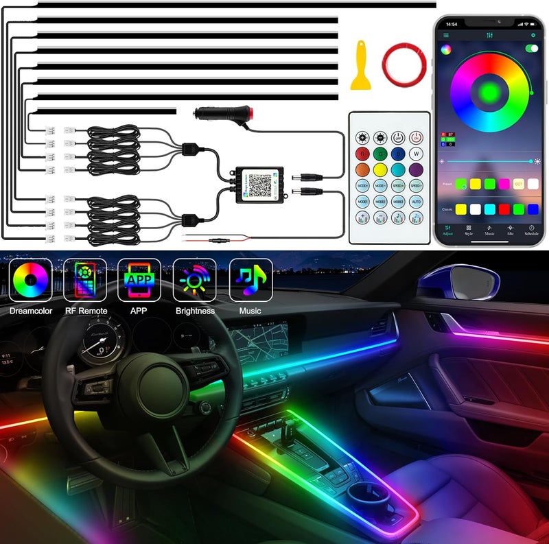 Jushope Interior Car LED Strip Lights, Acrylic LED Lights for Car with Dynamic Dreamcolor Chasing, Ambient Lighting Kits Music Sync Wireless APP and RF Remote Control (8 in 1) - Image 1