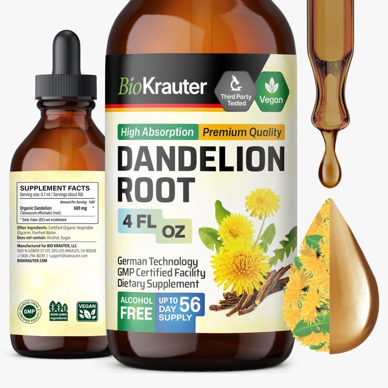BIO KRAUTER BIO KRAUTER Dandelion Tincture Pure Dandelion Root Supplement for Liver Kidney Support 4 Fl Oz 56 Days of Supply Vegan Extract Liquid Drops NonGMO No Fillers No Sugar NonAlcohol 