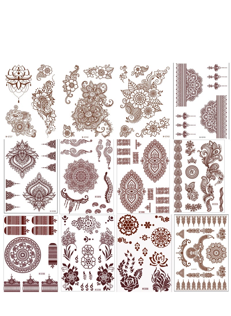 12 Sheets Brownish Henna Tattoo Stickers Temporary Waterproof Mehndi Design  - Image 1