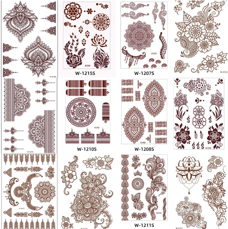 12 Sheets Brownish Henna Tattoo Stickers Temporary Waterproof Mehndi Design - Image 1