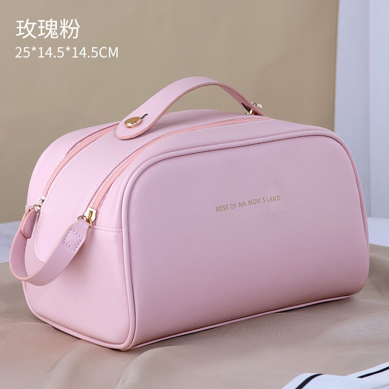 Amazon special PU leather Womens Cosmetic Bag large capacity travel portable ins high sense wash bag in stock wholesale Pink-double zipper
