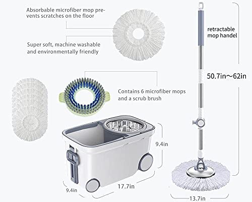 Michao Spin Mop Bucket Deluxe 360 Spinning Floor Cleaning System with 6 Microfiber Replacement Head Refills,62" Extended Handle,4X Wheel for Home Cleaning - Image 2