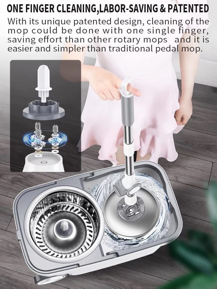 Michao Spin Mop Bucket Deluxe 360 Spinning Floor Cleaning System with 6 Microfiber Replacement Head Refills,62" Extended Handle,4X Wheel for Home Cleaning - Image 3