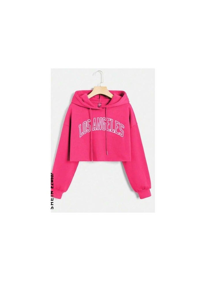 Women's short round neck hoodie - Fuchsia