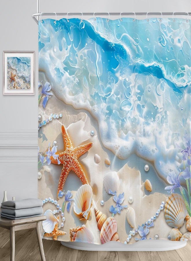 Riyidecor Ocean Beach Shower Curtain 72Wx72H Inch Starfish Seashell Coastal Sea Waves Seaside Scenery Beachy Sand Blue Flower Tropical Bathroom Decor Fabric Polyester Waterproof 12 Pack Hooks - Image 3