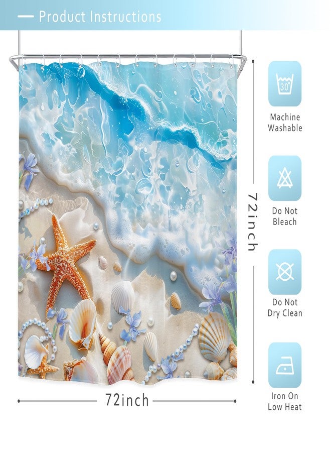 Riyidecor Ocean Beach Shower Curtain 72Wx72H Inch Starfish Seashell Coastal Sea Waves Seaside Scenery Beachy Sand Blue Flower Tropical Bathroom Decor Fabric Polyester Waterproof 12 Pack Hooks - Image 5