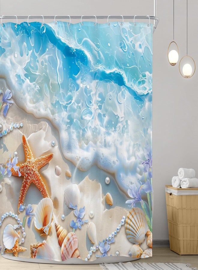 Riyidecor Ocean Beach Shower Curtain 72Wx72H Inch Starfish Seashell Coastal Sea Waves Seaside Scenery Beachy Sand Blue Flower Tropical Bathroom Decor Fabric Polyester Waterproof 12 Pack Hooks - Image 2