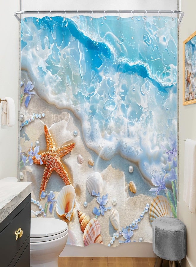 Riyidecor Ocean Beach Shower Curtain 72Wx72H Inch Starfish Seashell Coastal Sea Waves Seaside Scenery Beachy Sand Blue Flower Tropical Bathroom Decor Fabric Polyester Waterproof 12 Pack Hooks - Image 4