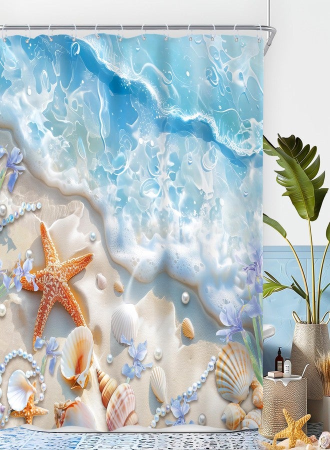 Riyidecor Ocean Beach Shower Curtain 72Wx72H Inch Starfish Seashell Coastal Sea Waves Seaside Scenery Beachy Sand Blue Flower Tropical Bathroom Decor Fabric Polyester Waterproof 12 Pack Hooks - Image 1