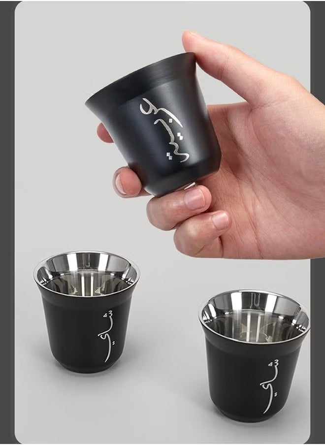 Aijmil مجموعة أكواب قهوة ستانلس ستيل عازلة مع غطاء خشبي - تصميم أنيق بنقوش عربية للسفر والاستخدام اليومي - Image 3