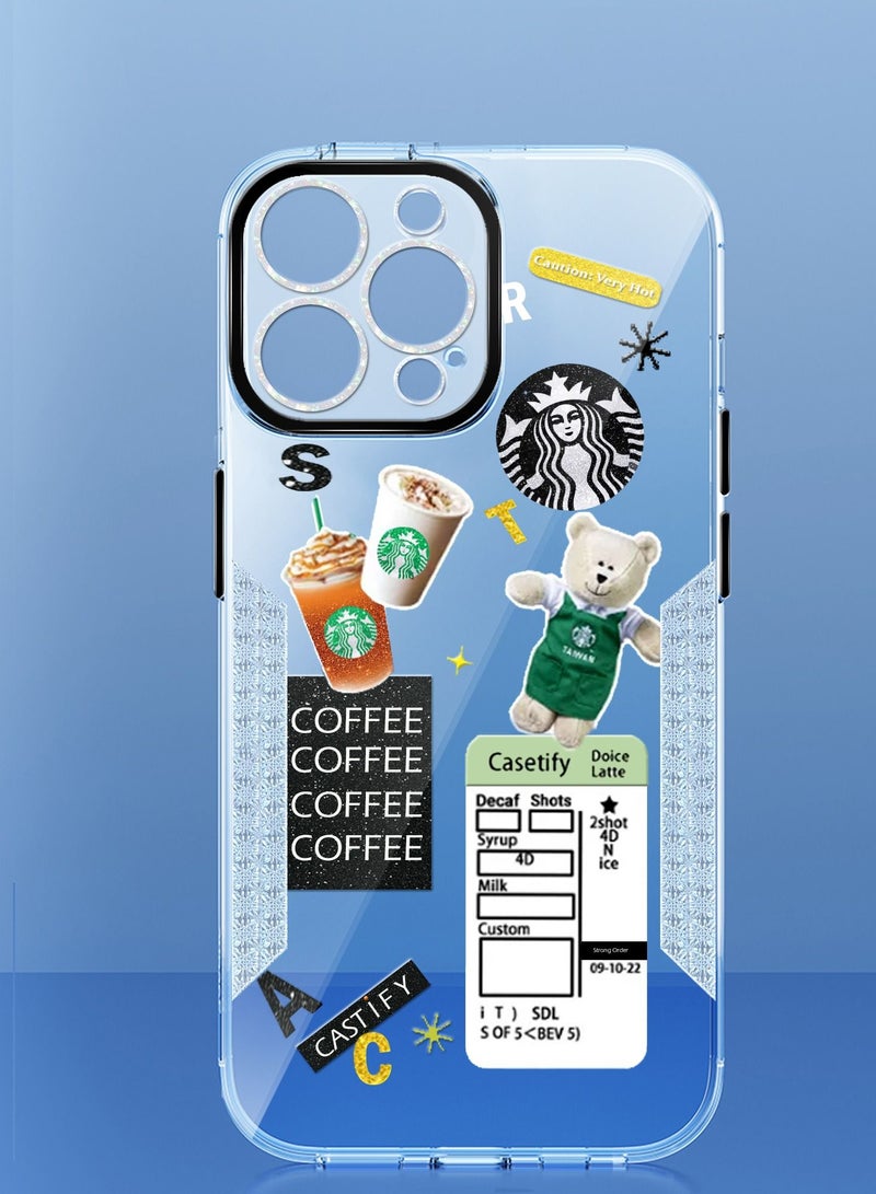 ستاربكس حافظة من البولي يوريثان الحراري شفافة عالية الجودة من سلسلة ستاربكس مع ملصقات لهاتف آيفون 14 برو أسود - Image 1