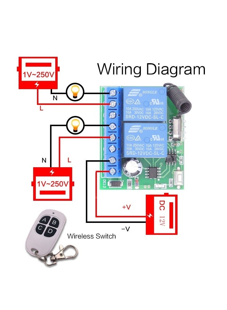مفتاح إضاءة المنزل الذكي مع جهاز التحكم عن بعد DC12V 10A 2 عصابات لوحة مرحل استقبال لاسلكية ومفتاح Fobs لباب المرآب الكهربائي - Image 2