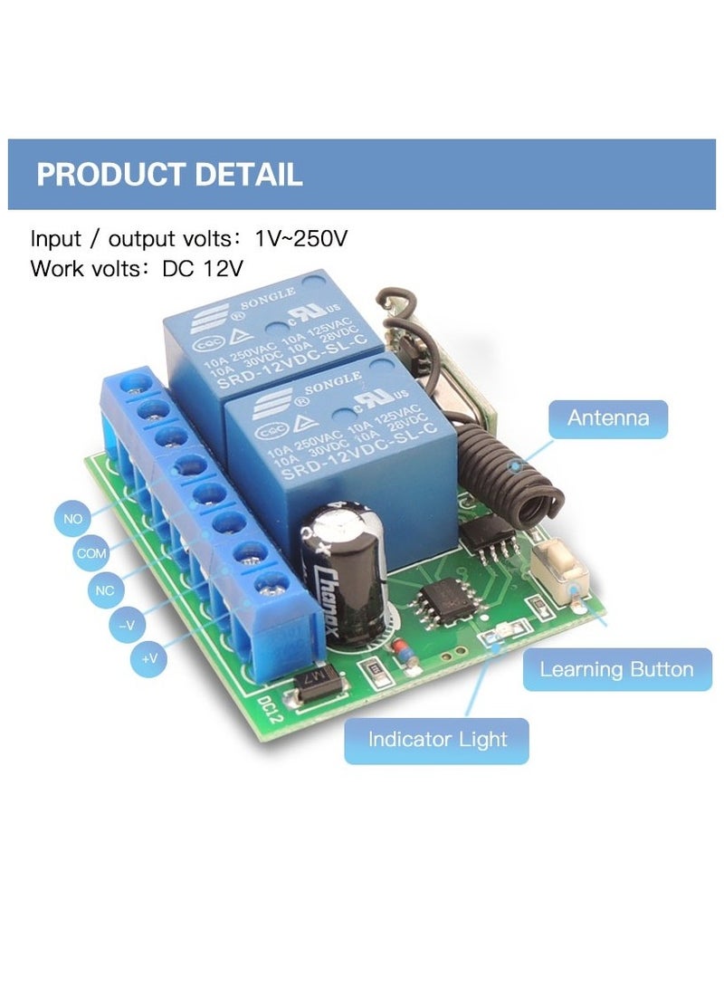 مفتاح إضاءة المنزل الذكي مع جهاز التحكم عن بعد DC12V 10A 2 عصابات لوحة مرحل استقبال لاسلكية ومفتاح Fobs لباب المرآب الكهربائي - Image 3