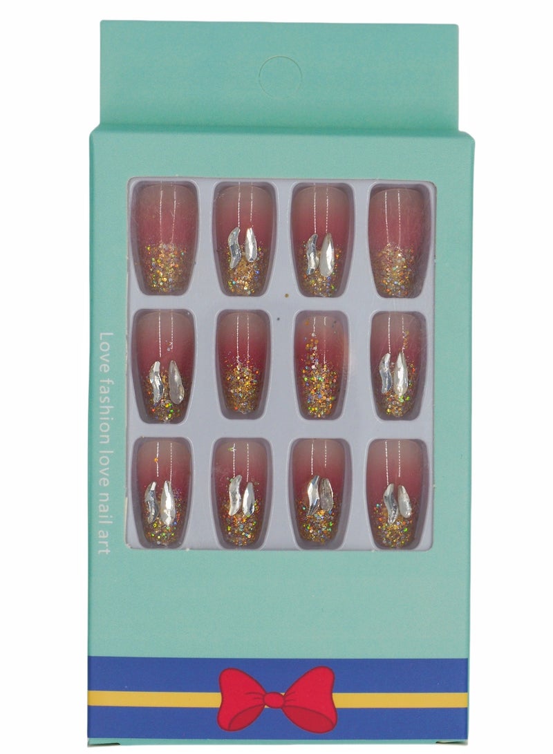 French Press-on Nails 24 Pieces: Gold Glitter & Crystal Pink Ombre Artificial Nails - Summer Elegance. Safe Removal at Home + Glue Kit. - Image 1