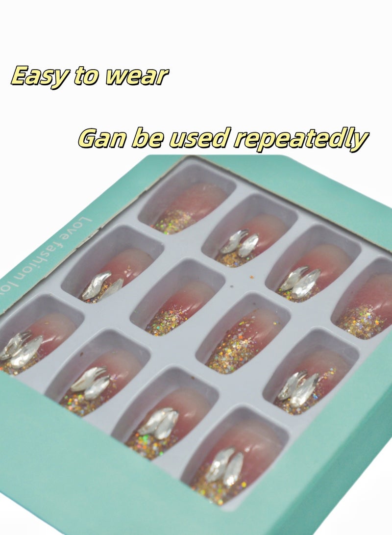 French Press-on Nails 24 Pieces: Gold Glitter & Crystal Pink Ombre Artificial Nails - Summer Elegance. Safe Removal at Home + Glue Kit. - Image 2