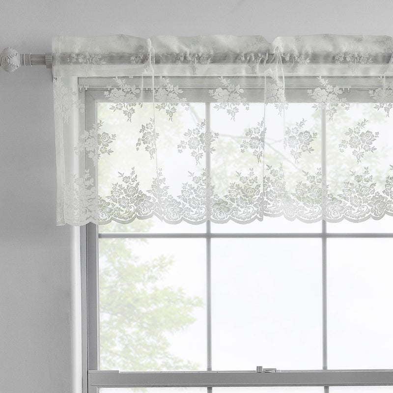 Kotile Kitchen Curtain Valance  Vintage Floral Patterned Sheer Lace Valance Curtain for Kitchen Window Rod Pocket Short Lace Valance Curtain 18 Inch Length 52 x 18 Inch 1 Panel Ivory
