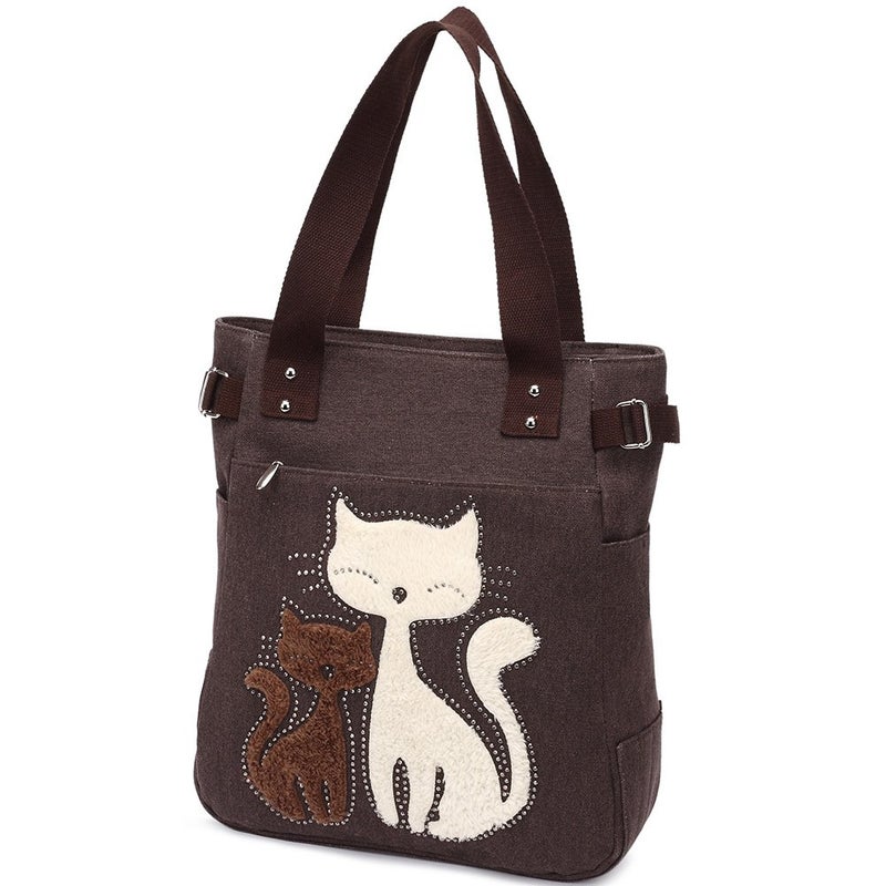KAUKKO Women Canvas Handbag Shoulder Bag Cat Big Tote Bag(093-COFFEE) - Image 3