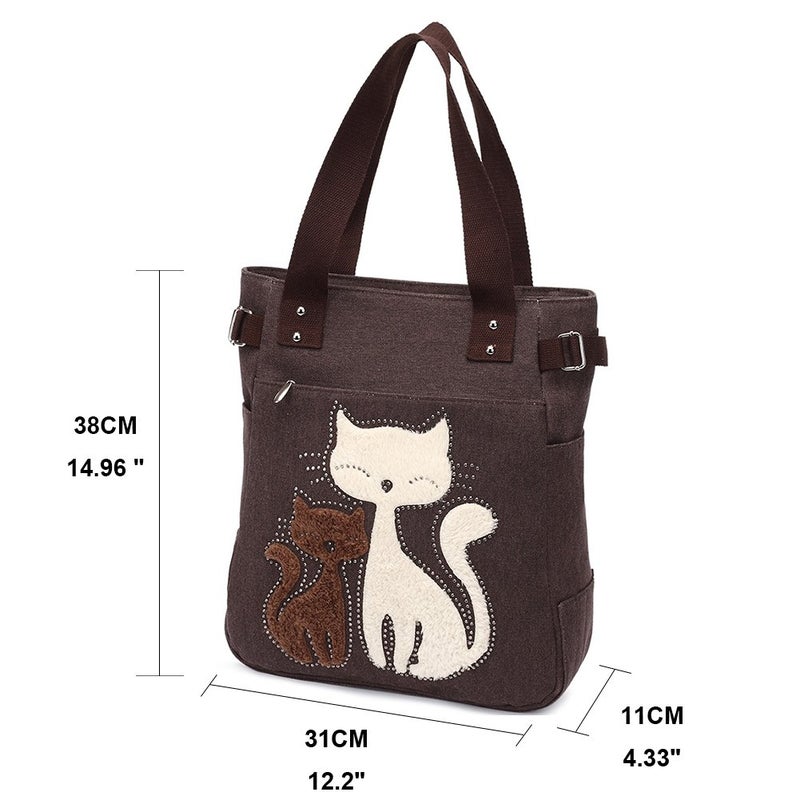 KAUKKO Women Canvas Handbag Shoulder Bag Cat Big Tote Bag(093-COFFEE) - Image 2