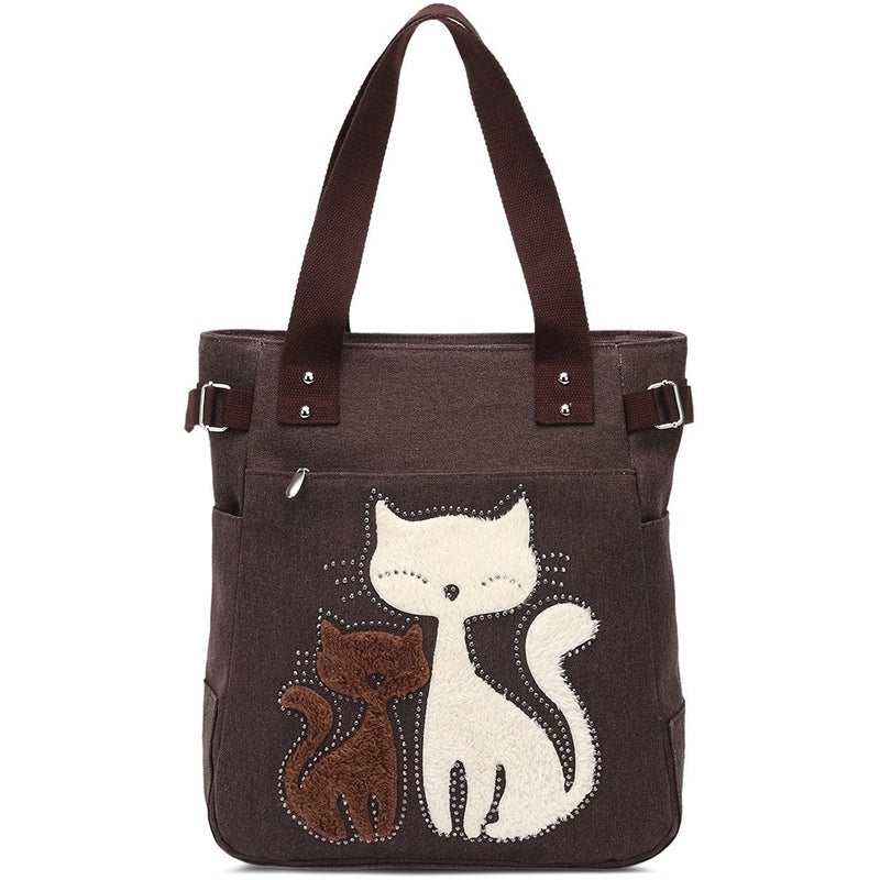 KAUKKO Women Canvas Handbag Shoulder Bag Cat Big Tote Bag(093-COFFEE) - Image 1
