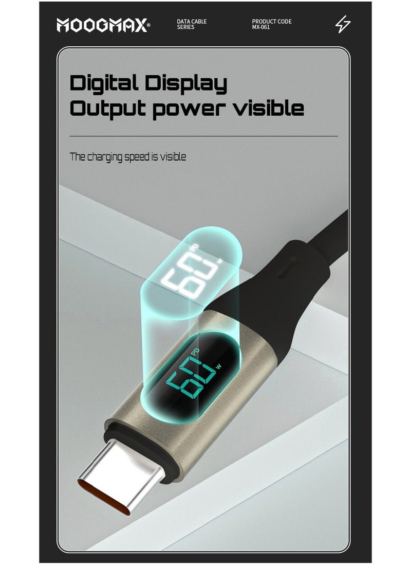 MOOGMAX - Type-C to Type-C Cable made of soft and strong silicon and digital display of charging watt Supports fast charging PD until 60W, 1M length, Compatible with Iphone 15 series, Samsung  and Huawei phones - Image 1