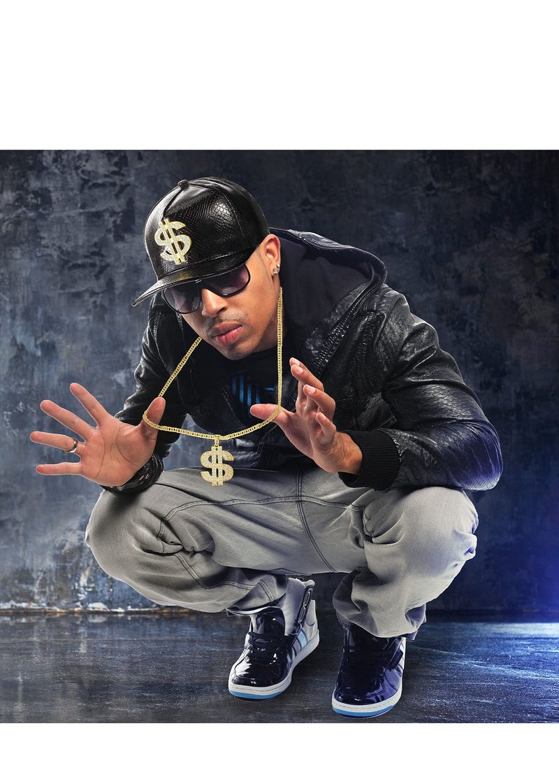 6 Pcs Hip Hop Costume Set - Baseball Cap, Dollar Hat, Gold Chain, Pendant Necklaces & Rings for Party & Cosplay  - Image 3