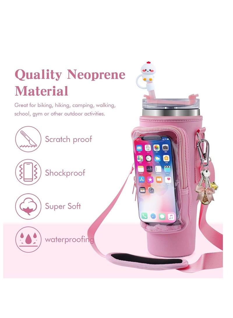 Water Bottle Carrier Bag with Strap for Stanley 40oz Tumbler with Handle, 2 Pocket Sling Neoprene Bottle Pouch Holder, Stanley Cup Accessories for Hiking Travelling Camping (Pink) - Image 4