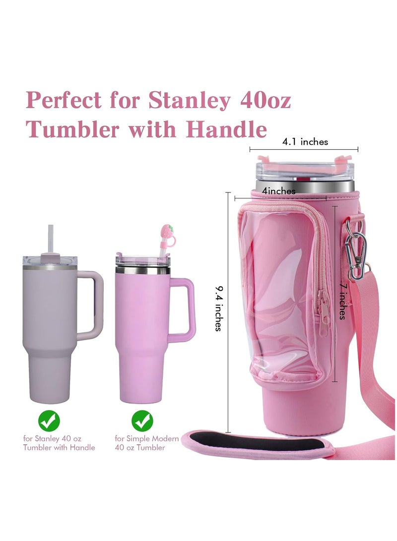 Water Bottle Carrier Bag with Strap for Stanley 40oz Tumbler with Handle, 2 Pocket Sling Neoprene Bottle Pouch Holder, Stanley Cup Accessories for Hiking Travelling Camping (Pink) - Image 5