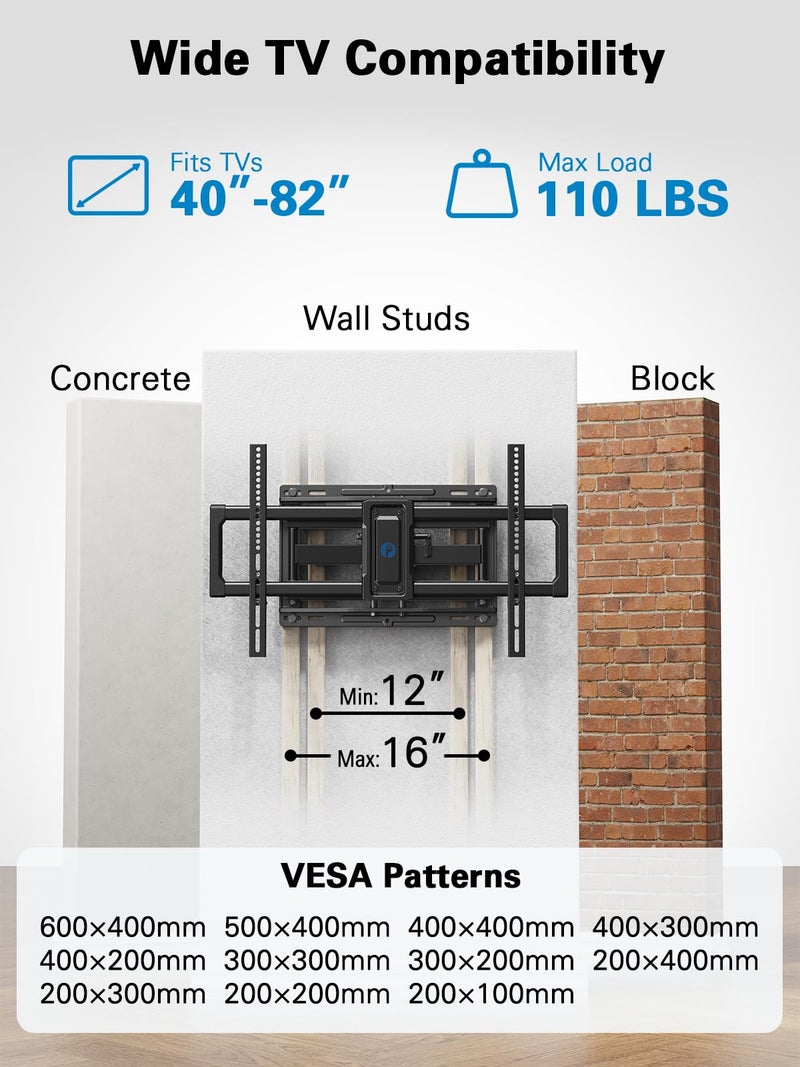 Pipishell Full Motion TV Wall Mount for 40â€“82 inch TVs, Swivel TV Wall Mount with Smooth Dual Arms, Wall Bracket Fits Most 55+ 65+ 75+ TVs, Max VESA 600x400mm, Fits 12â€³/16â€³ Wood Studs, up to 110 lbs - Image 2