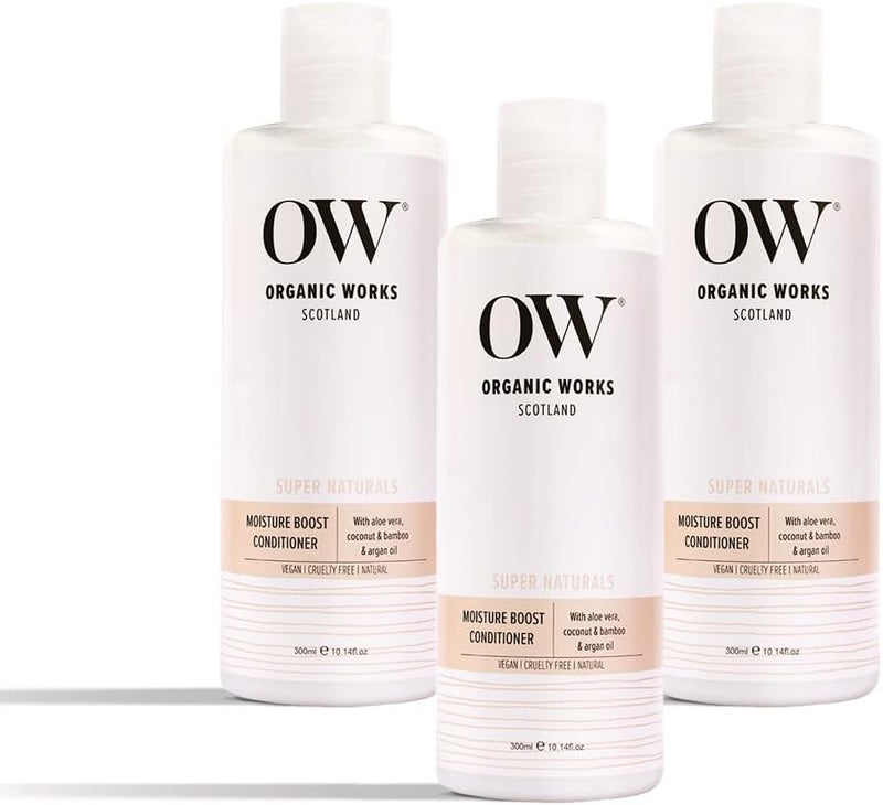 Organic Works Moisture Boost Conditioner 300ml Pack of 3 Argan Oil and Amino Acids for Dry Damaged Hair Hydrating Natural Hair Care Repairs Strengthens Adds Shine