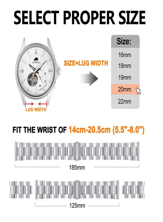 BISONSTRAP Heavy-duty Metal Watch Bands 20mm, Tapered Watch Straps, 316L Stainless Steel, Deployant Clasp, Silver - Image 5