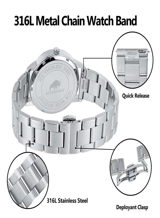 BISONSTRAP Heavy-duty Metal Watch Bands 20mm, Tapered Watch Straps, 316L Stainless Steel, Deployant Clasp, Silver - Image 4