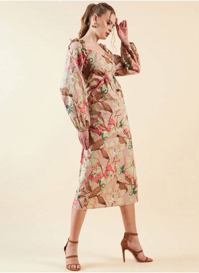 Freehand - Women A-Line Casual Floral Print V-Neck Ruffled Dress - Image 1
