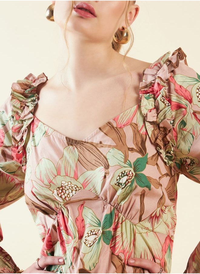 Freehand - Women A-Line Casual Floral Print V-Neck Ruffled Dress - Image 1