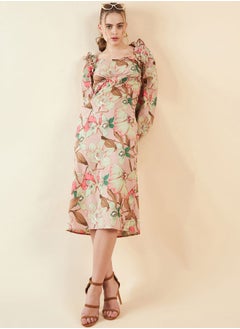 Women A-Line Casual Floral Print V-Neck Ruffled Dress