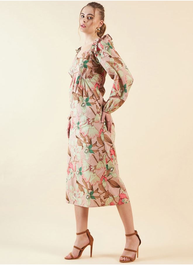 Freehand - Women A-Line Casual Floral Print V-Neck Ruffled Dress - Image 1