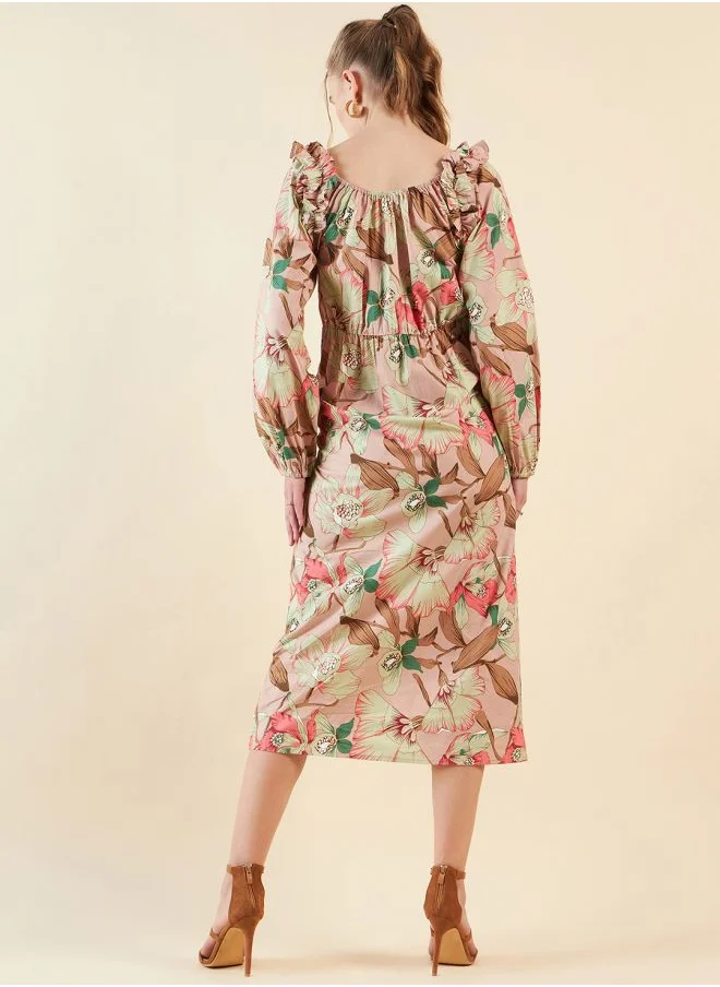 Freehand Women A-Line Casual Floral Print V-Neck Ruffled Dress