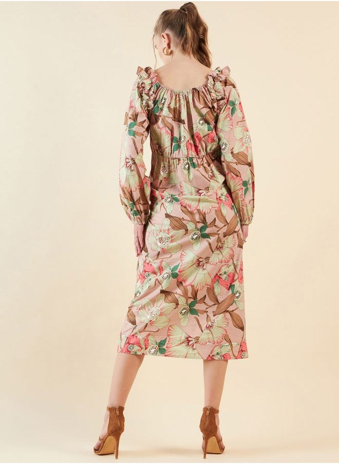 Freehand - Women A-Line Casual Floral Print V-Neck Ruffled Dress - Image 1