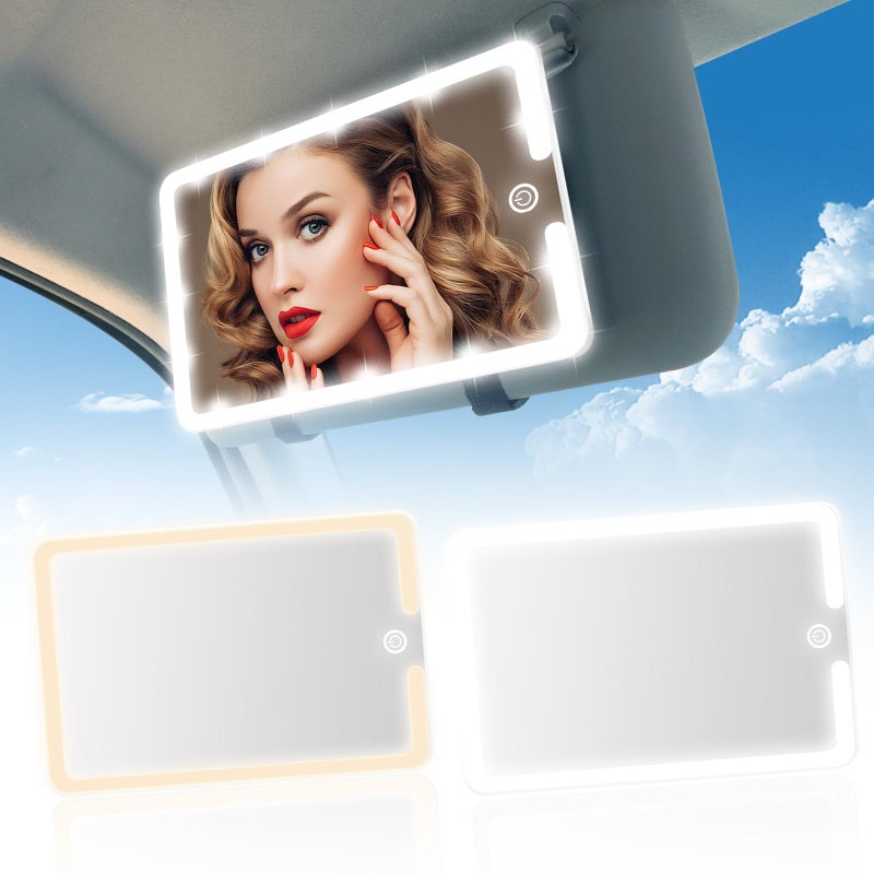 saiggnyy 2PCS LED Mirror for Car Sun Visor Accessories,Mid-Size Car Visor Mirrors with 3-Color Dimmable Lights,Lighted Rear View Mirror for Universal Vehicle (White) - Image 1