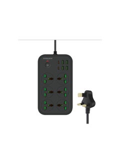 COMFET COMFET 12 in 1 Universal Power Strip (socket) with USB C 2 Slots, Extension Cord(2meter) with 6 Wide Universal Sockets and 4 USB Ports, 110-240v, Max 3000w, Independent Switch, International Plug(BLACK).  - Image 1