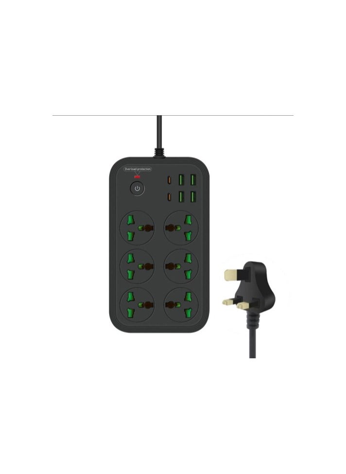 COMFET - COMFET 12 in 1 Universal Power Strip (socket) with USB C 2 Slots, Extension Cord(2meter) with 6 Wide Universal Sockets and 4 USB Ports, 110-240v, Max 3000w, Independent Switch, International Plug(BLACK). - Image 1