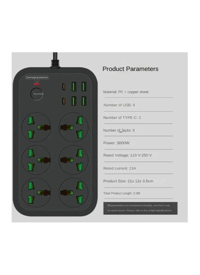 COMFET - COMFET 12 in 1 Universal Power Strip (socket) with USB C 2 Slots, Extension Cord(2meter) with 6 Wide Universal Sockets and 4 USB Ports, 110-240v, Max 3000w, Independent Switch, International Plug(BLACK). - Image 1