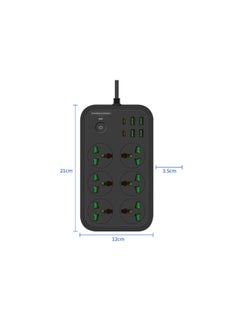 COMFET COMFET 12 in 1 Universal Power Strip (socket) with USB C 2 Slots, Extension Cord(2meter) with 6 Wide Universal Sockets and 4 USB Ports, 110-240v, Max 3000w, Independent Switch, International Plug(BLACK).  - Image 2