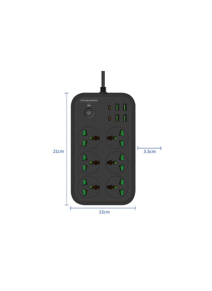 COMFET - COMFET 12 in 1 Universal Power Strip (socket) with USB C 2 Slots, Extension Cord(2meter) with 6 Wide Universal Sockets and 4 USB Ports, 110-240v, Max 3000w, Independent Switch, International Plug(BLACK). - Image 1