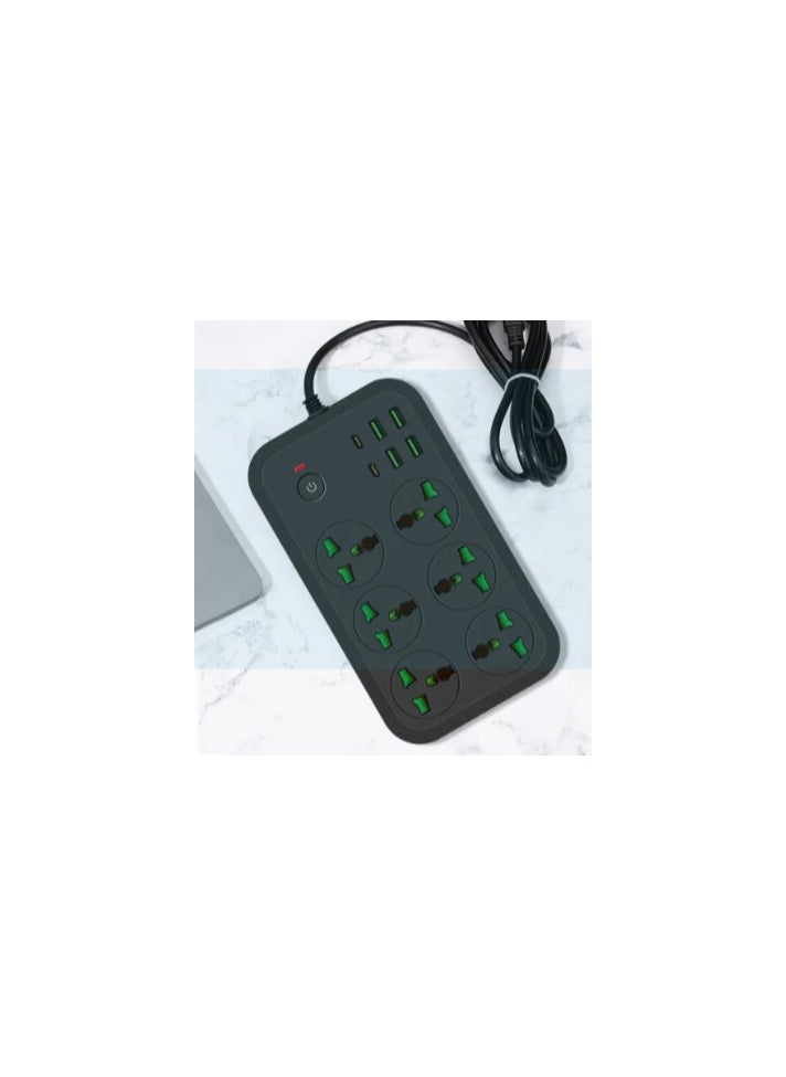 COMFET - COMFET 12 in 1 Universal Power Strip (socket) with USB C 2 Slots, Extension Cord(2meter) with 6 Wide Universal Sockets and 4 USB Ports, 110-240v, Max 3000w, Independent Switch, International Plug(BLACK). - Image 1