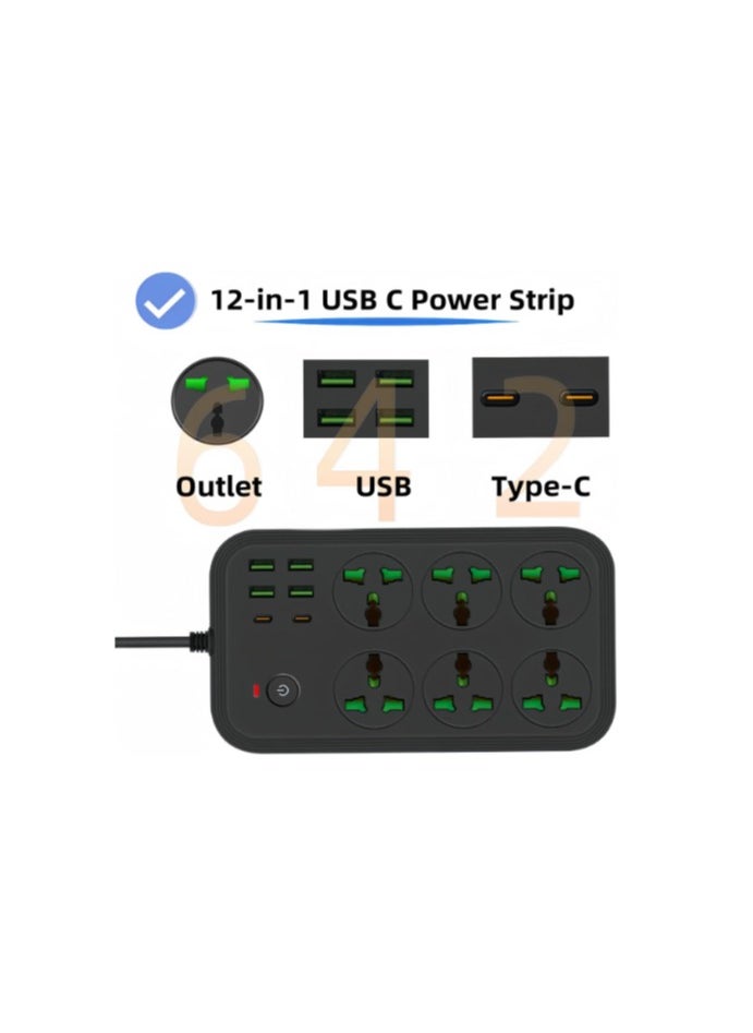 COMFET - COMFET 12 in 1 Universal Power Strip (socket) with USB C 2 Slots, Extension Cord(2meter) with 6 Wide Universal Sockets and 4 USB Ports, 110-240v, Max 3000w, Independent Switch, International Plug(BLACK). - Image 1