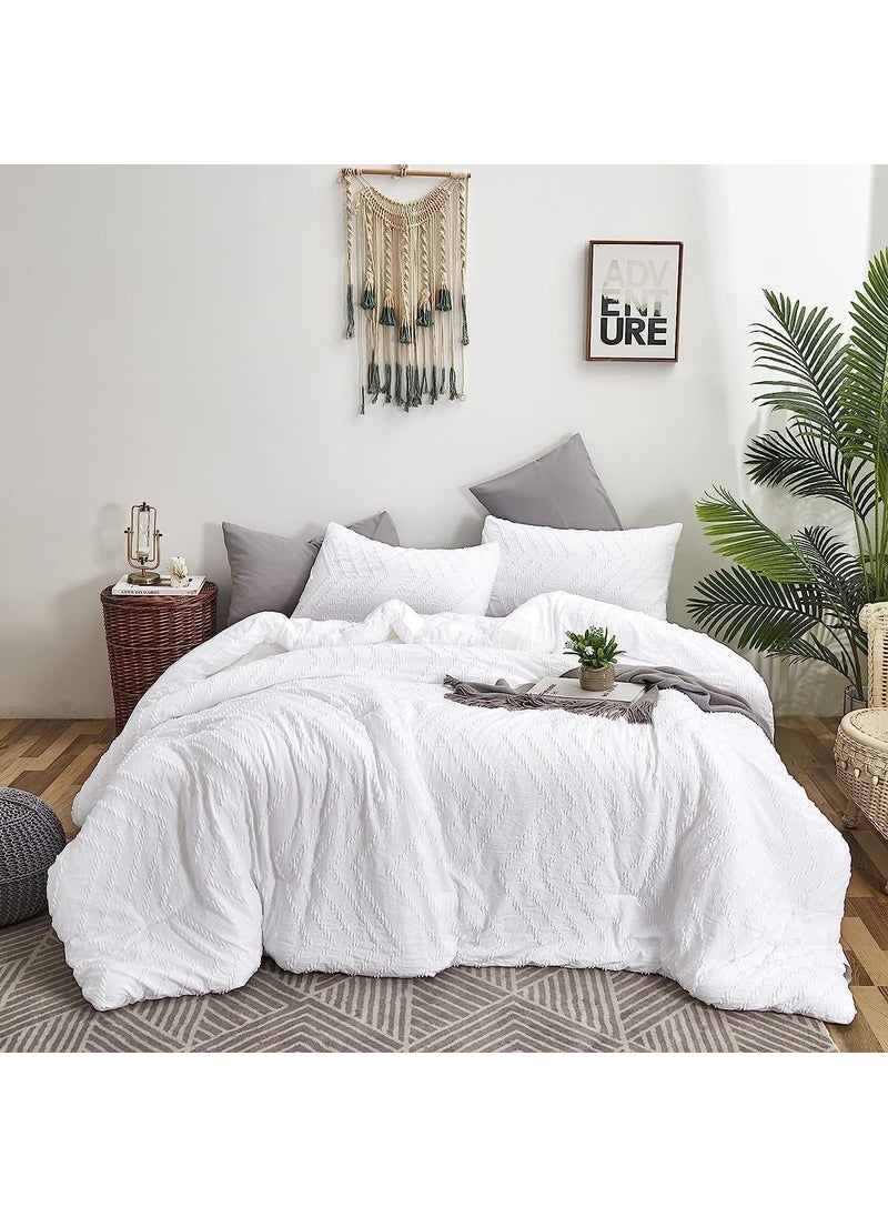 Houseri Houseri California King Comforter Set White Boho Tufted Jacquard Bedding Sets Cal King Women Solid White Shabby Chic Comforters Men Modern Soft Comfy Plain White Farmhouse Tassels Bed Quilt King Plus 