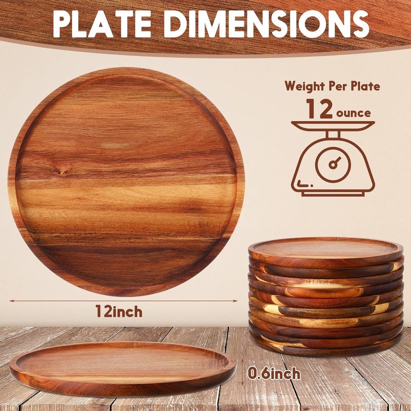 klarako 10 Pieces Acacia Round Wood Plates 12 Inch Dinner Plates Wooden Charger Plates Bulk Easy Cleaning Lightweight Serving Plates for Dishes Snack Dessert - Image 2