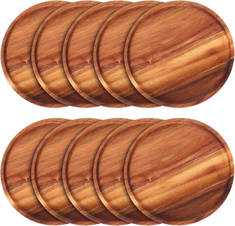 klarako 10 Pieces Acacia Round Wood Plates 12 Inch Dinner Plates Wooden Charger Plates Bulk Easy Cleaning Lightweight Serving Plates for Dishes Snack Dessert - Image 1