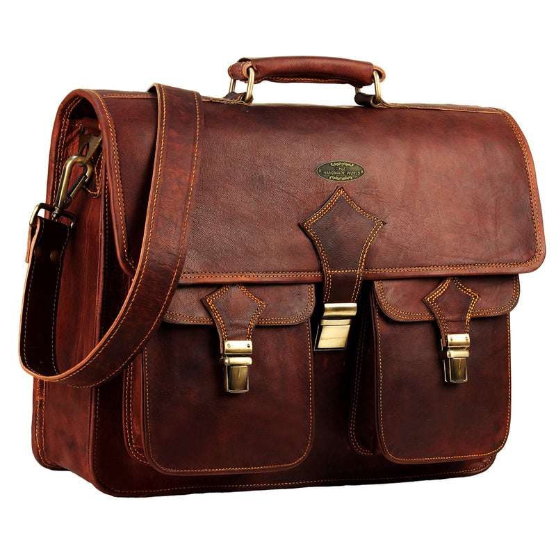 HULSH Leather Briefcase for Men 18 Inch Vintage Large Messenger Bag Brown Laptop Bag with Rustic Look